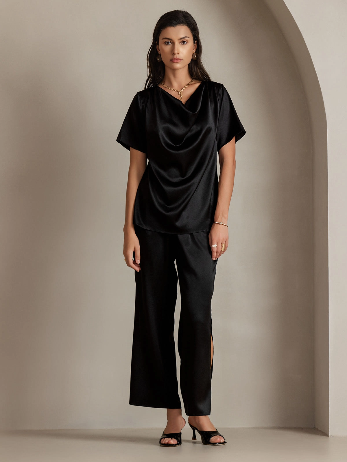 19Momme Silk Casual Cowl Neck Short Sleeve T-Shirt
