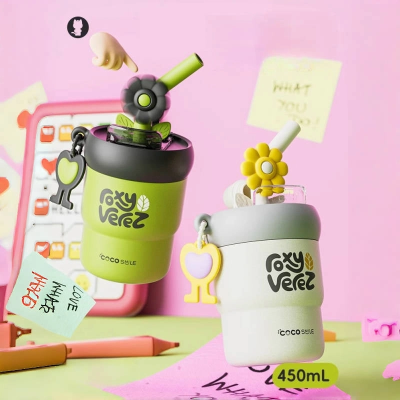 2024 Trendy COCO SMILE Portable Flower Thermos Mug - 450ML | Dual-Use Straw Cup for Hot and Cold Beverages