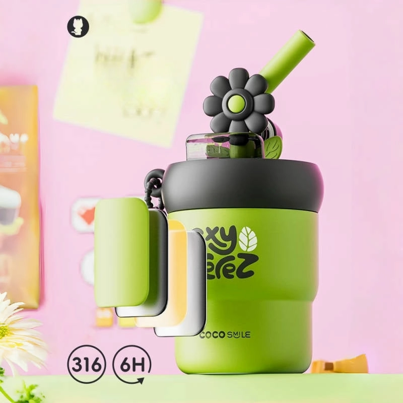 2024 Trendy COCO SMILE Portable Flower Thermos Mug - 450ML | Dual-Use Straw Cup for Hot and Cold Beverages