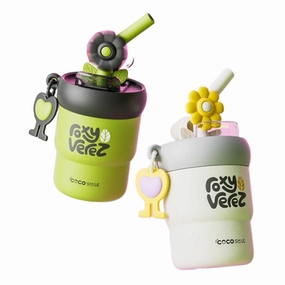 2024 Trendy COCO SMILE Portable Flower Thermos Mug - 450ML | Dual-Use Straw Cup for Hot and Cold Beverages