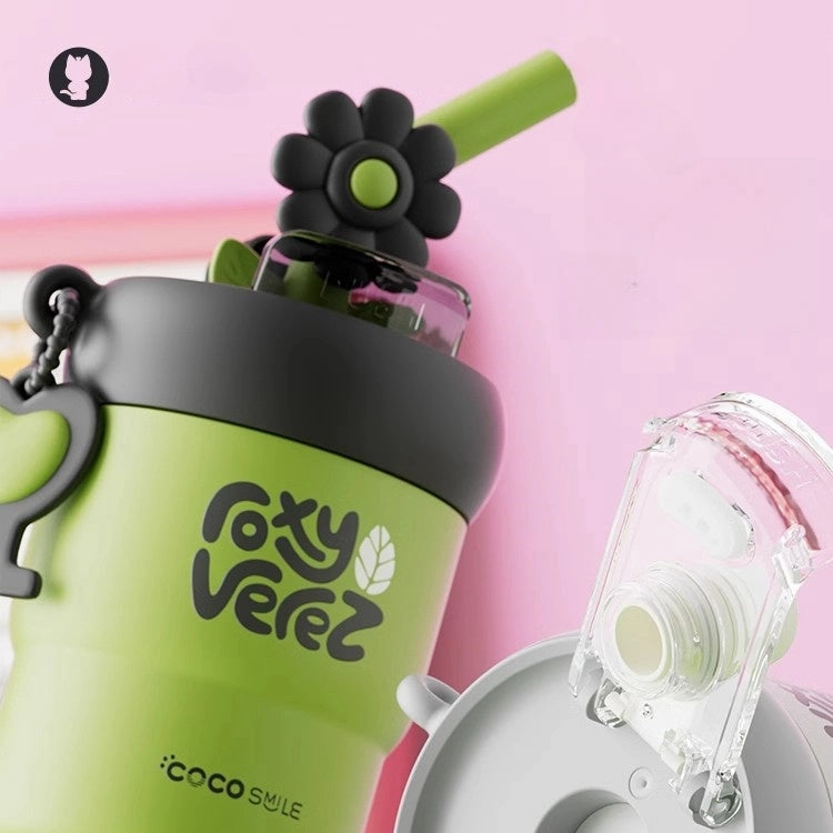2024 Trendy COCO SMILE Portable Flower Thermos Mug - 450ML | Dual-Use Straw Cup for Hot and Cold Beverages