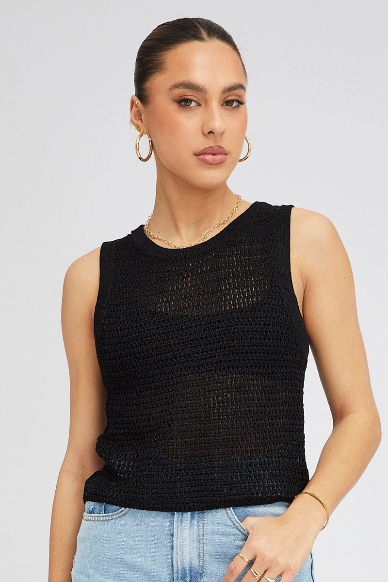 Black Crochet Knit Vest Crew Neck