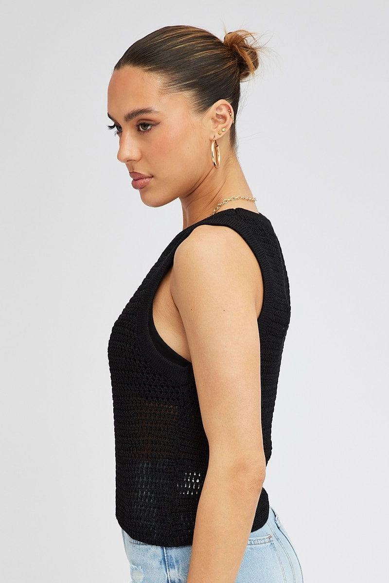 Black Crochet Knit Vest Crew Neck