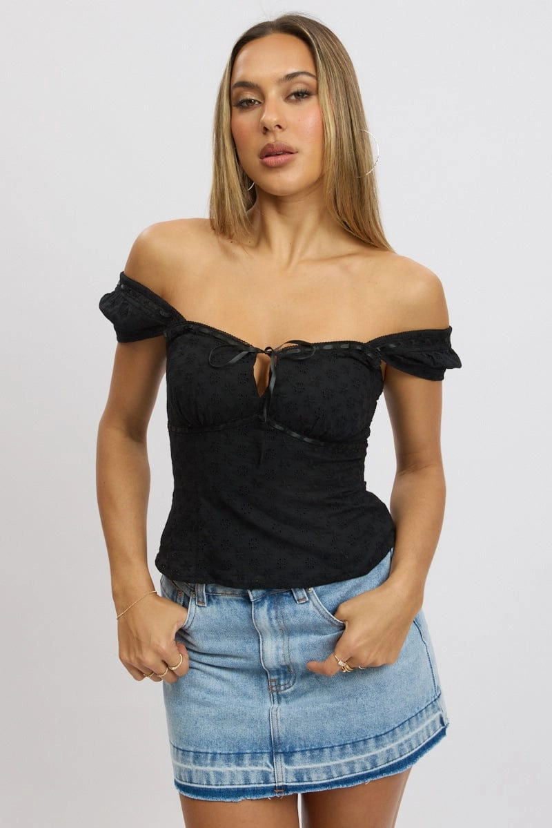 Black Eyelet Top Short Sleeve