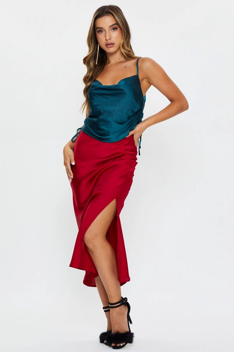 Blue Cowl Neck Ruched Cami Top