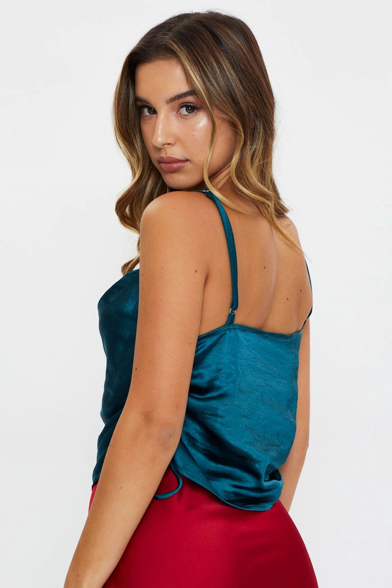 Blue Cowl Neck Ruched Cami Top