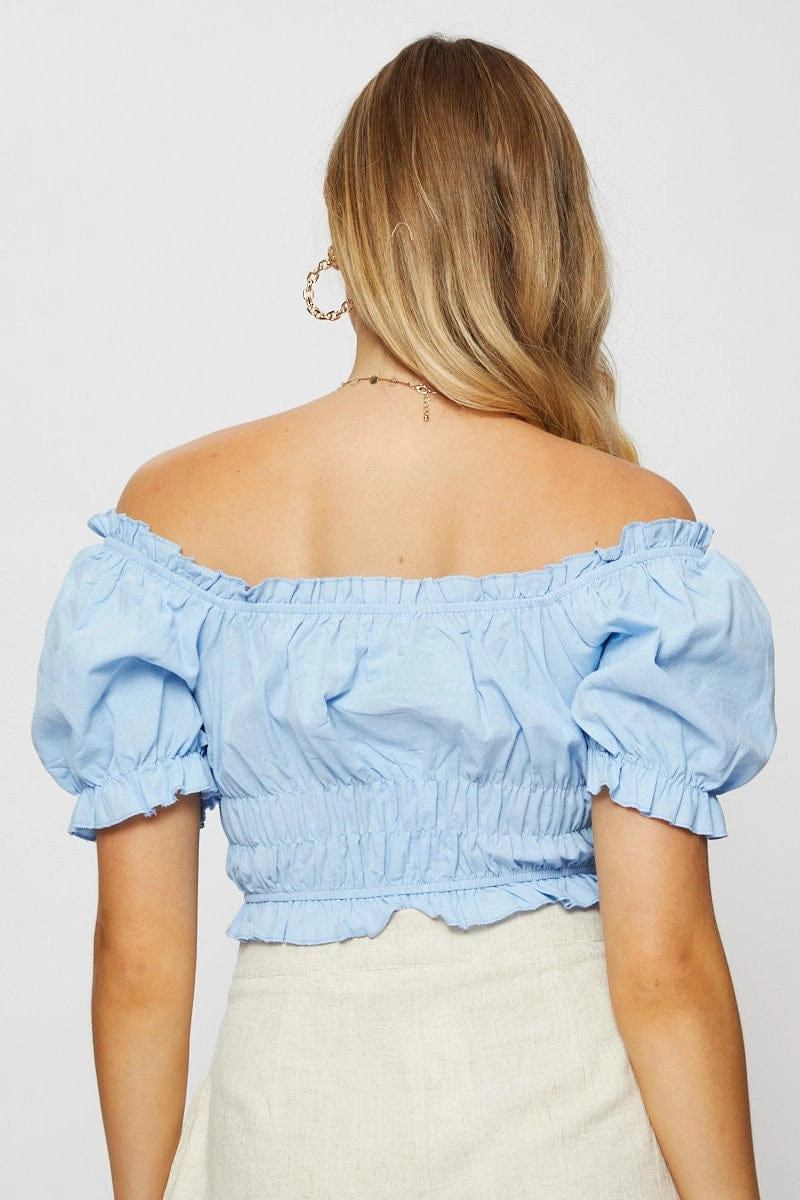 Blue Crop Top Off Shoulder Short Sleeve