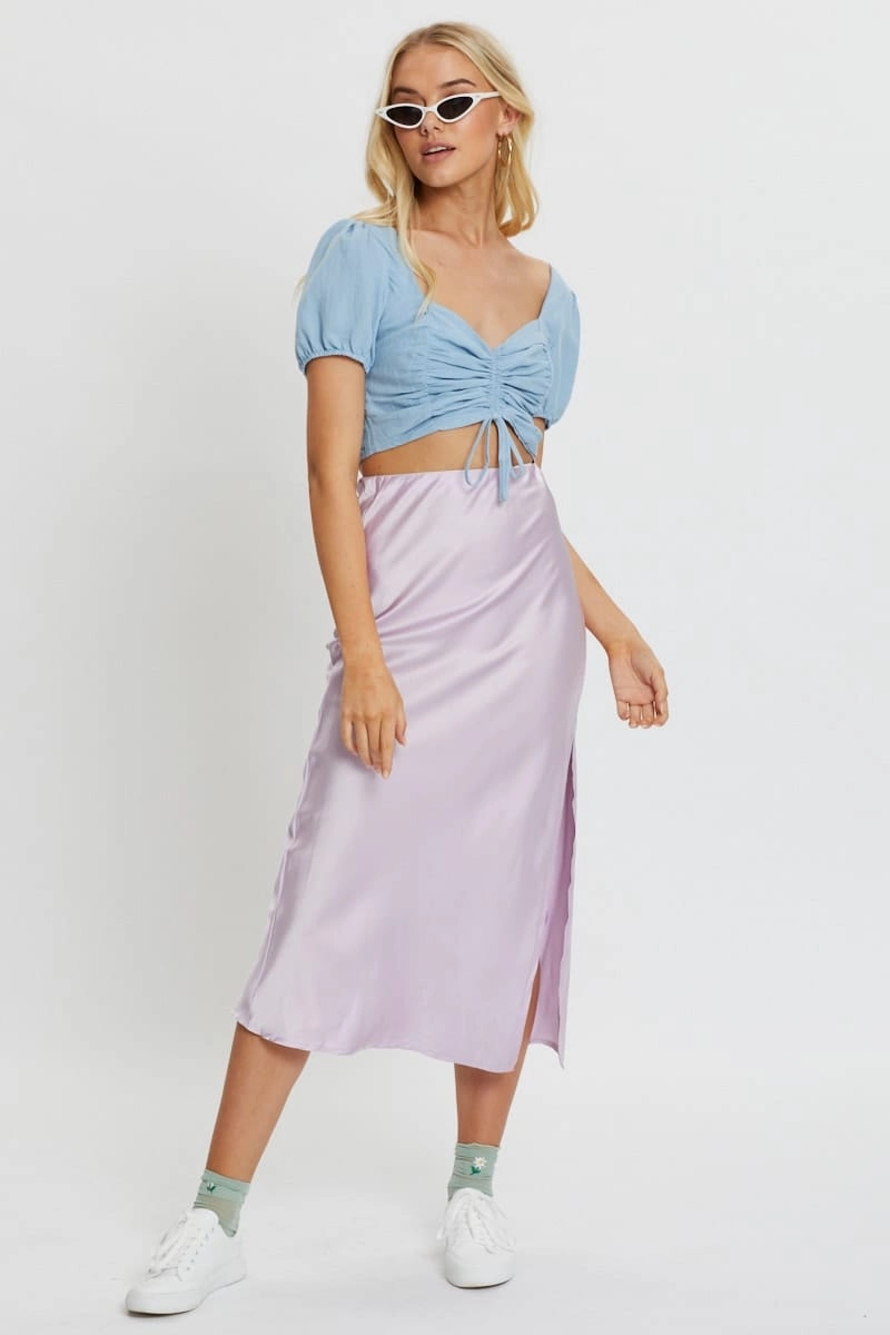 Blue Short Sleeve Ruched Draw String Crop Top
