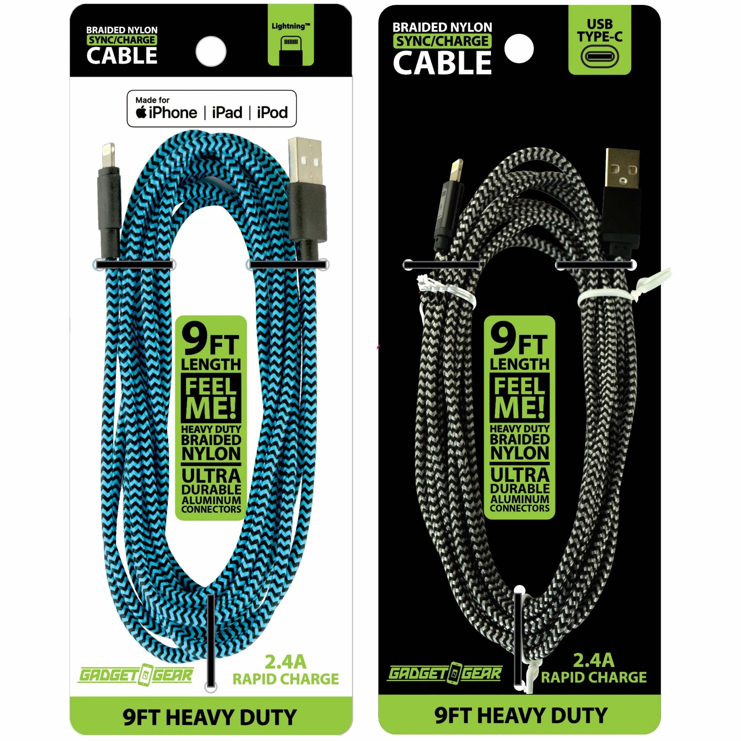 Charging Cable Braided Nylon Assortment 9FT 2.4 Amp - 12 Pieces Per Retail Ready Display 88254