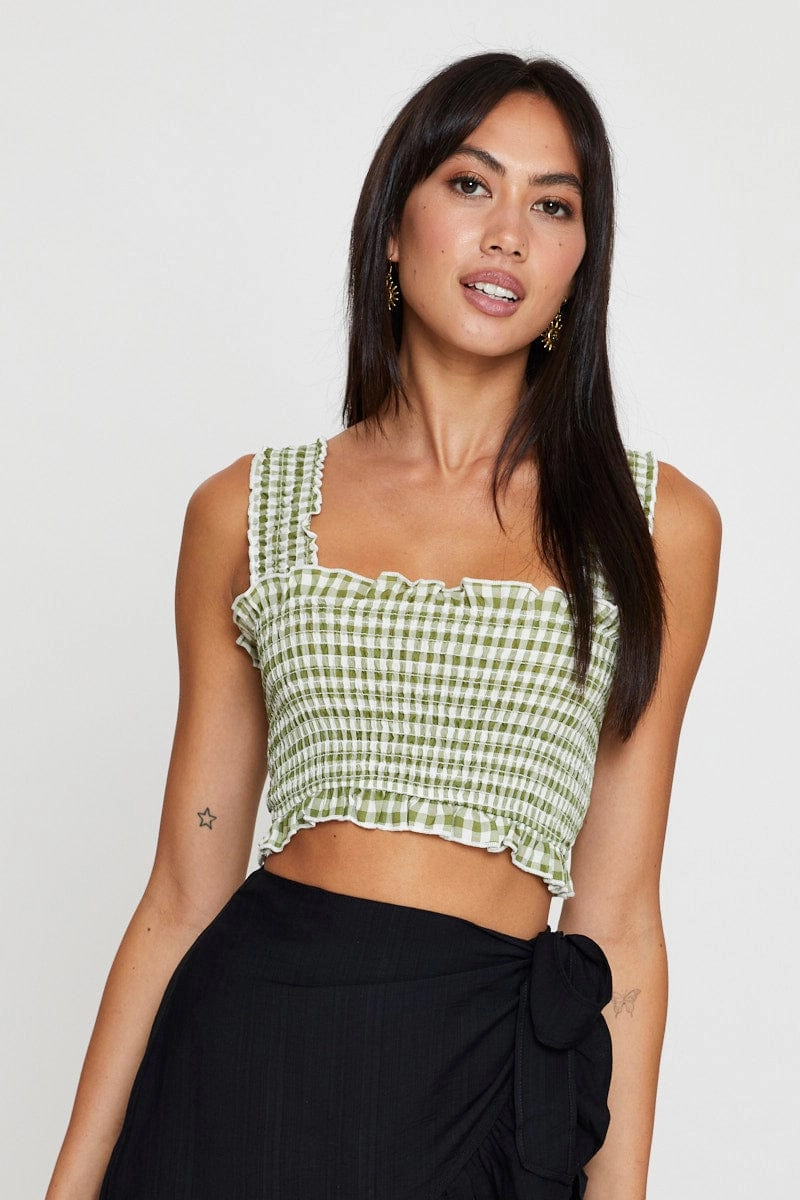 Check Crop Top Sleeveless Square Neck