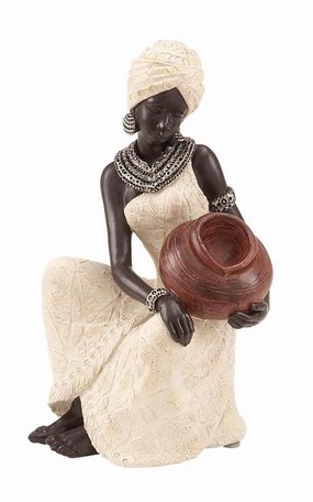 CREAM POLYSTONE WOMAN SITTING AFRICAN SCULPTURE WITH RED WATER POT