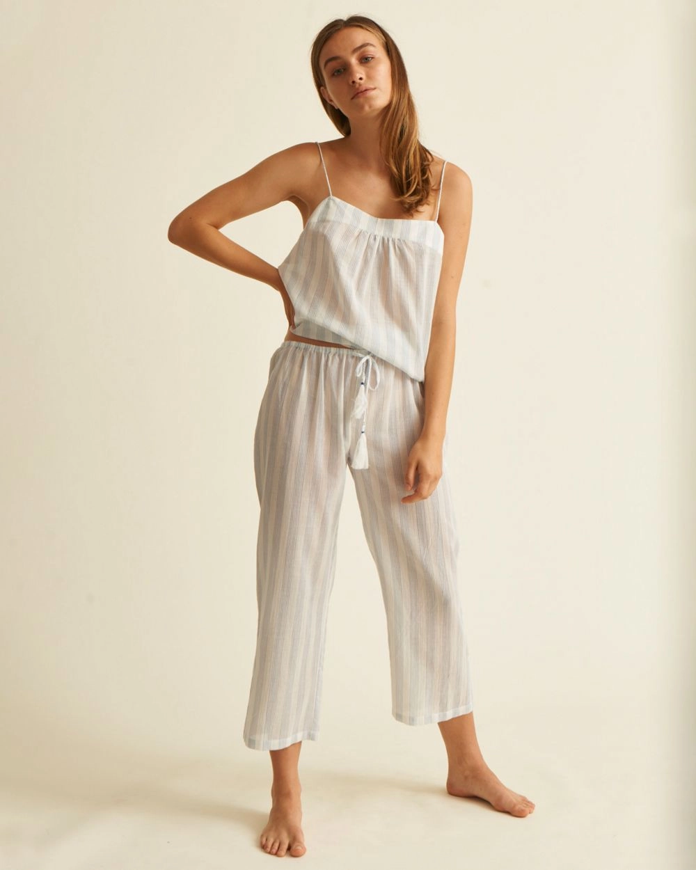 Crinkle Cotton Stripe Drawstring Pant