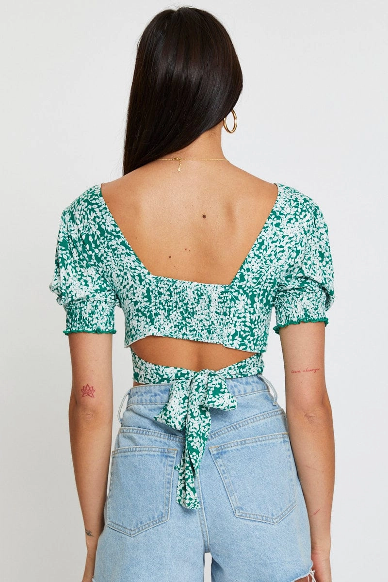 Ditsy Print Crop Top Short Sleeve Tie Up