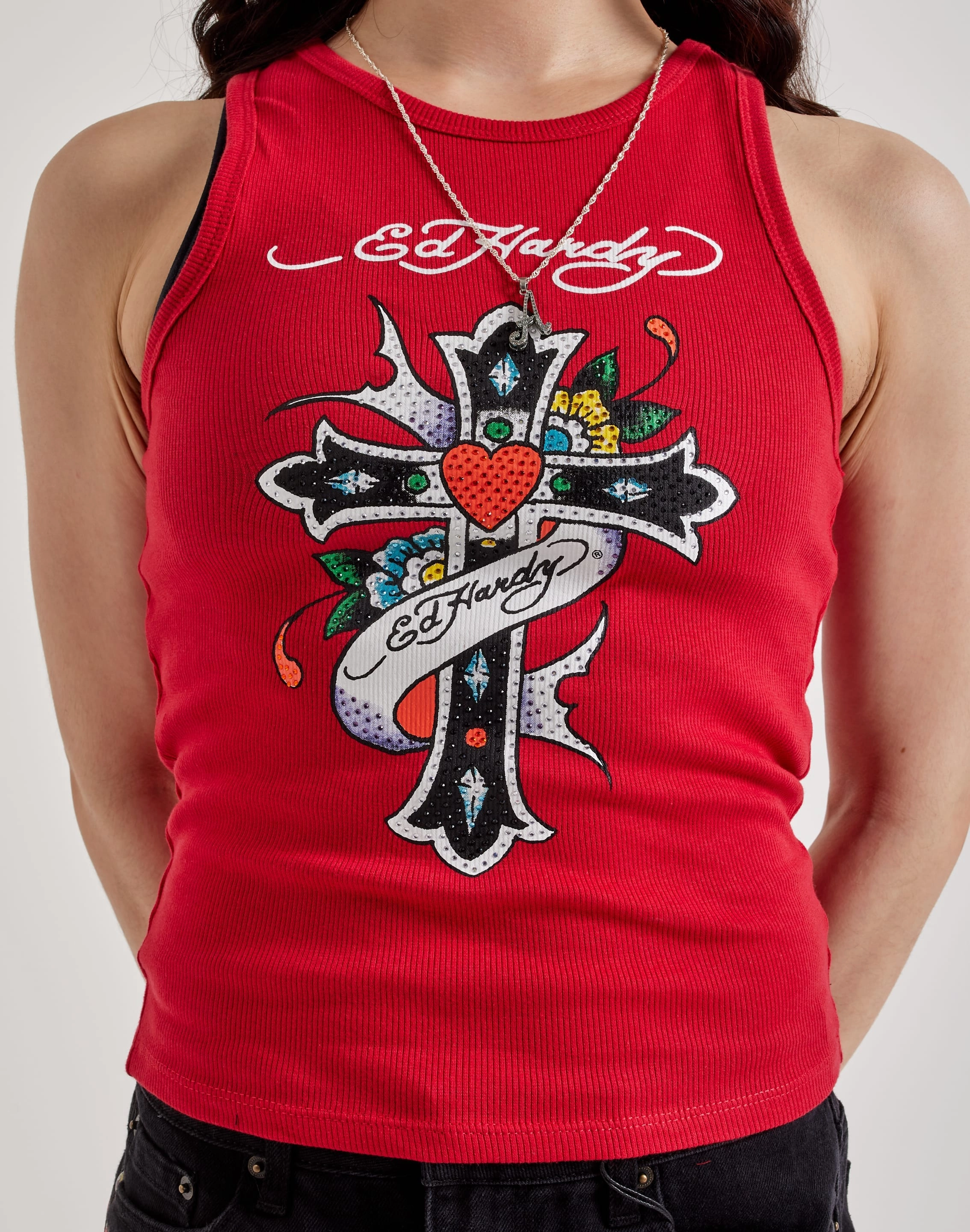 Ed Hardy Cross Rhinestone Rib Tank Top