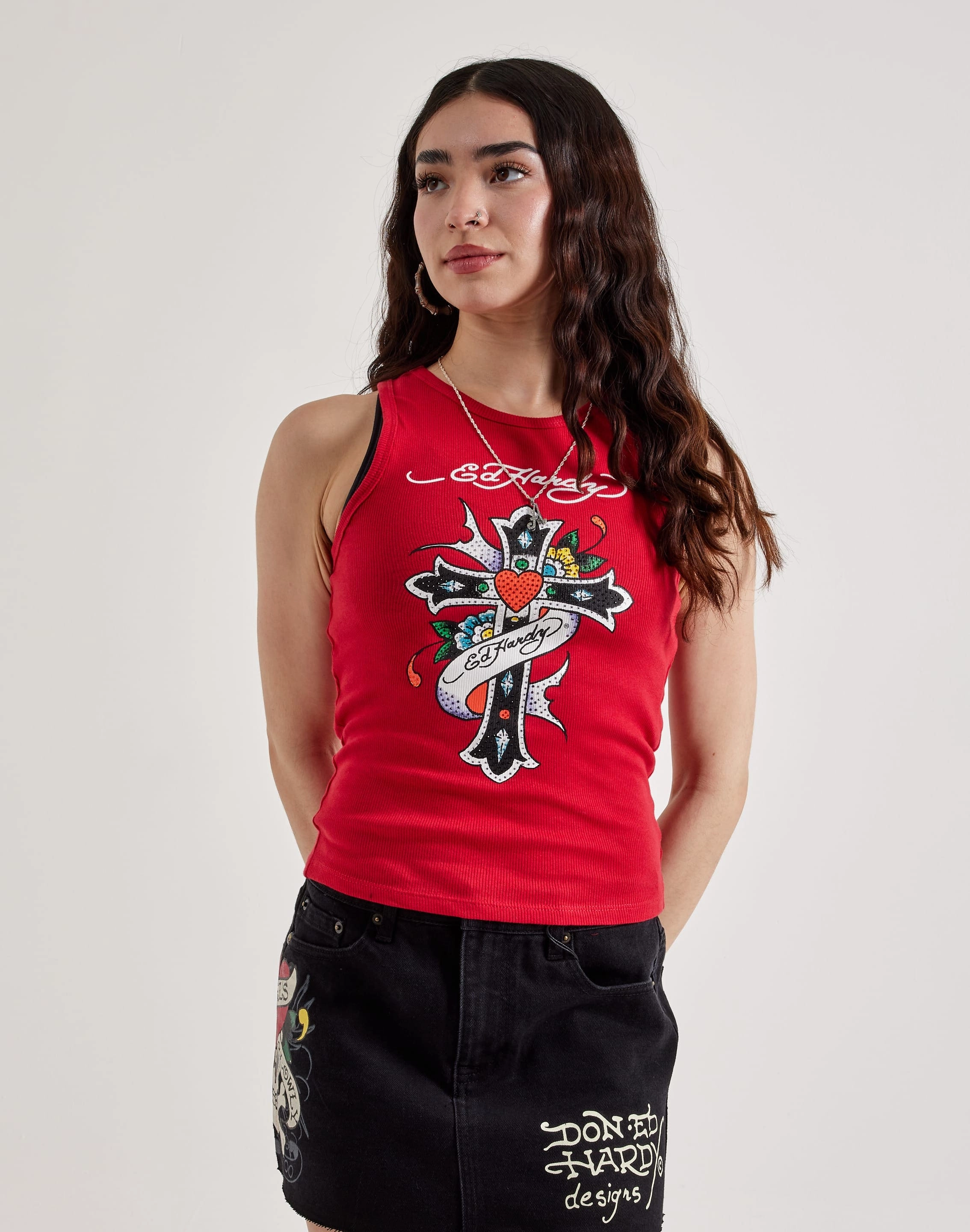 Ed Hardy Cross Rhinestone Rib Tank Top