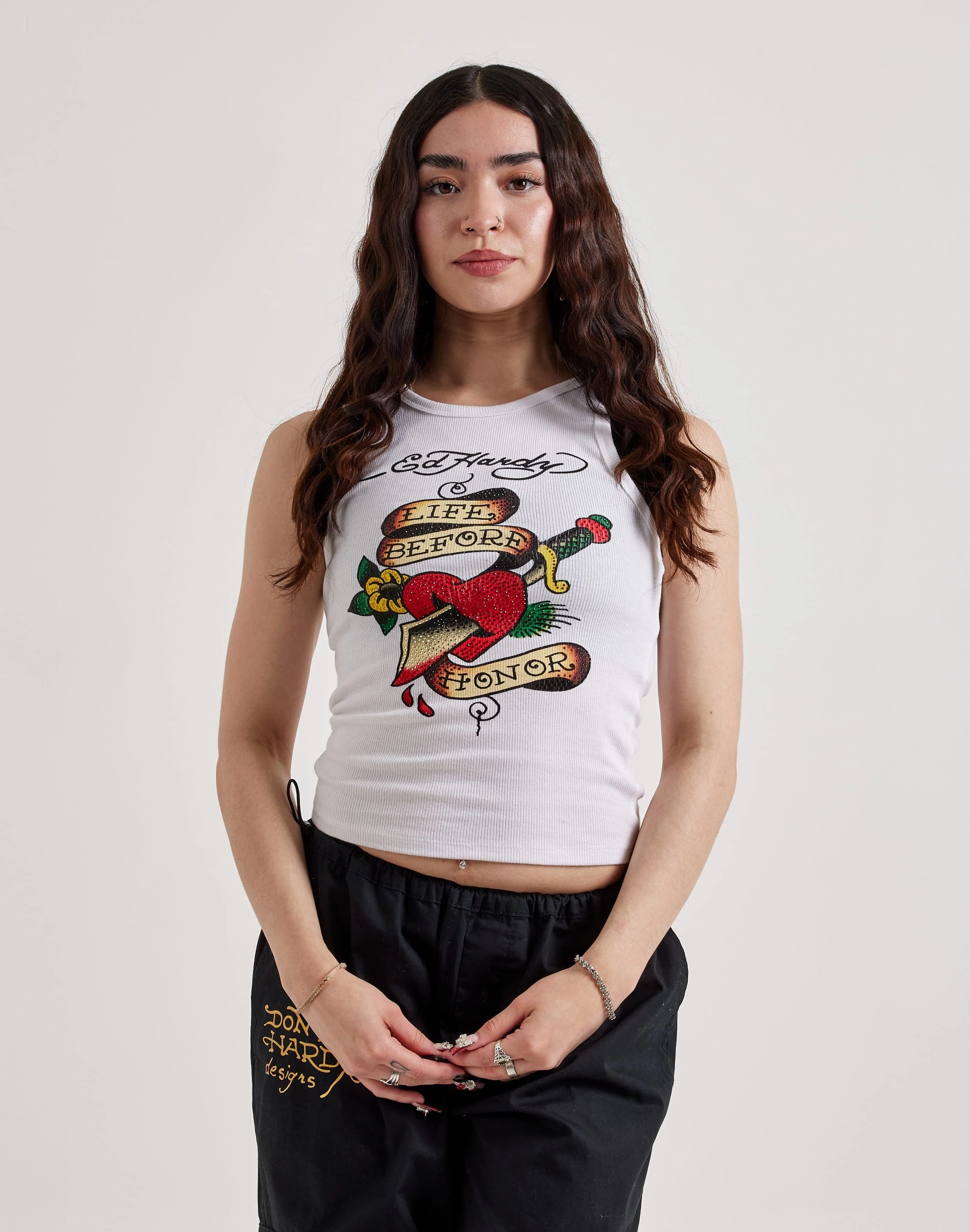 Ed Hardy Heart Sword Rhinestone Rib Tank Top