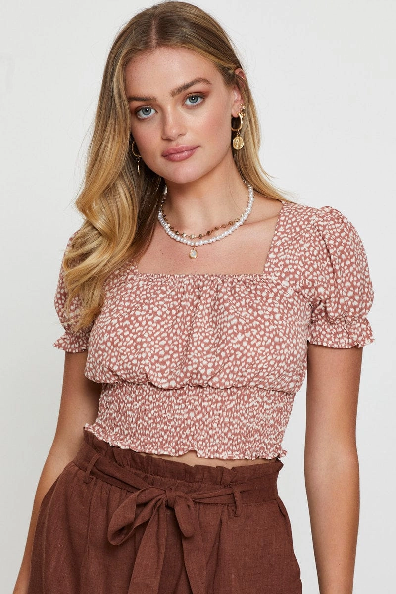 Geo Print Puff Sleeve Top Short Sleeve Crop