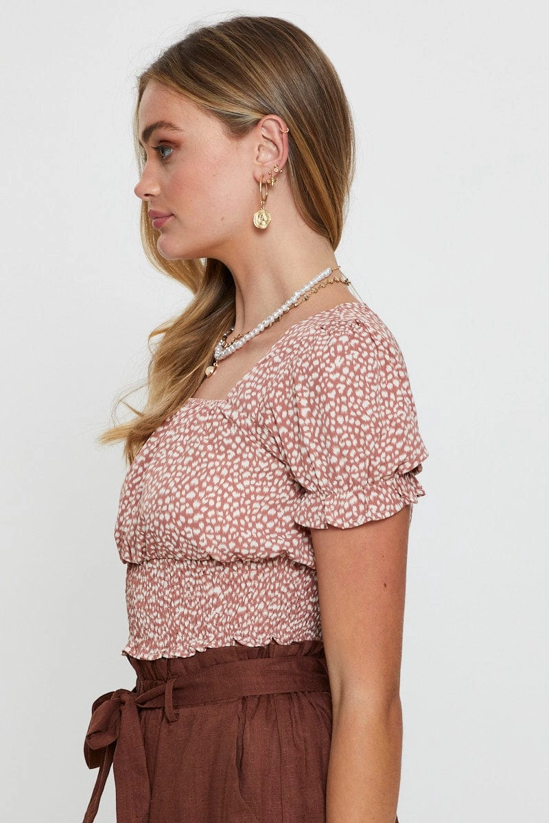 Geo Print Puff Sleeve Top Short Sleeve Crop