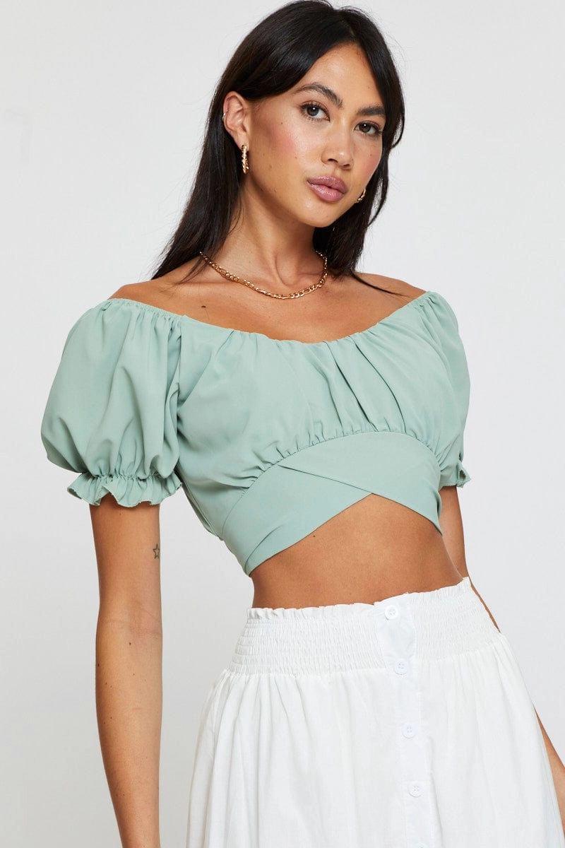 Green Crop Top Short Sleeve Off Shoulder