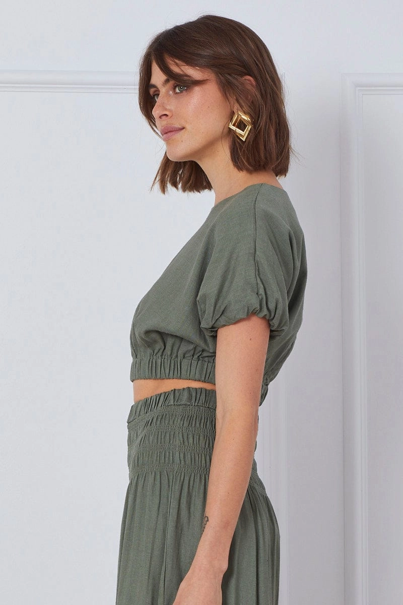 Green Crop Top Short Sleeve Round Neck Linen