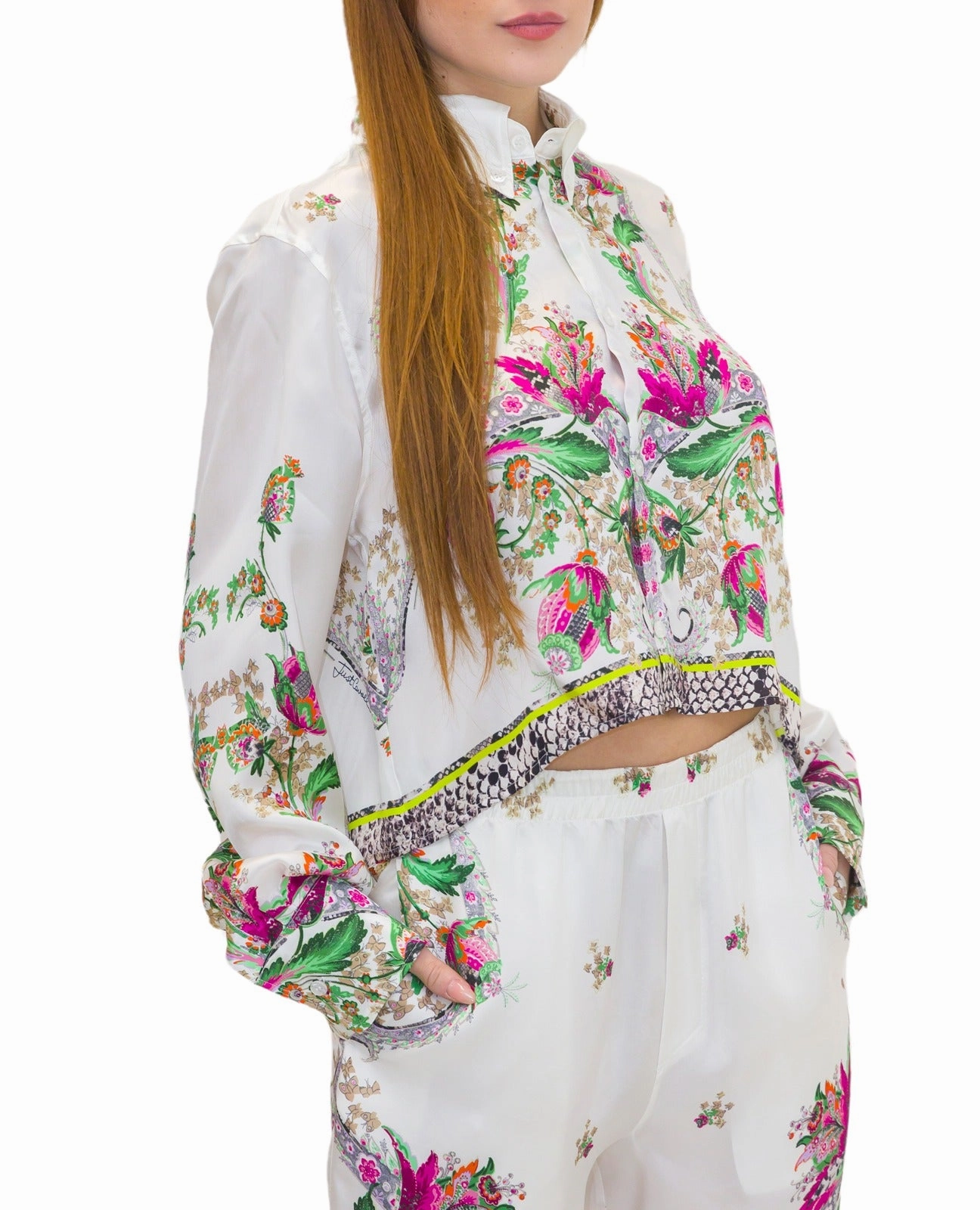 Just Cavalli Floral Printed Long-Sleeved Cropped Shirt