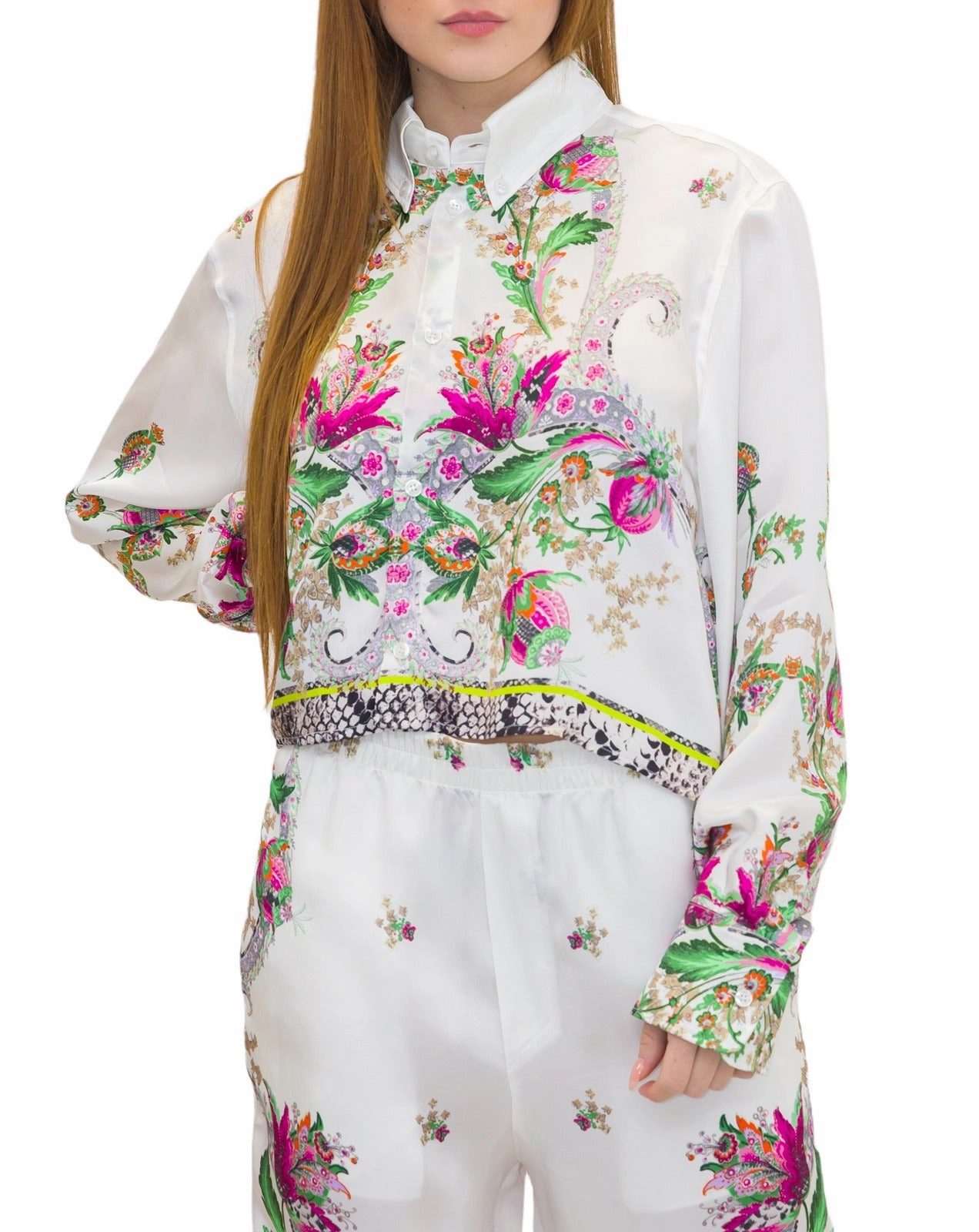 Just Cavalli Floral Printed Long-Sleeved Cropped Shirt