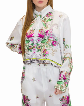 Just Cavalli Floral Printed Long-Sleeved Cropped Shirt