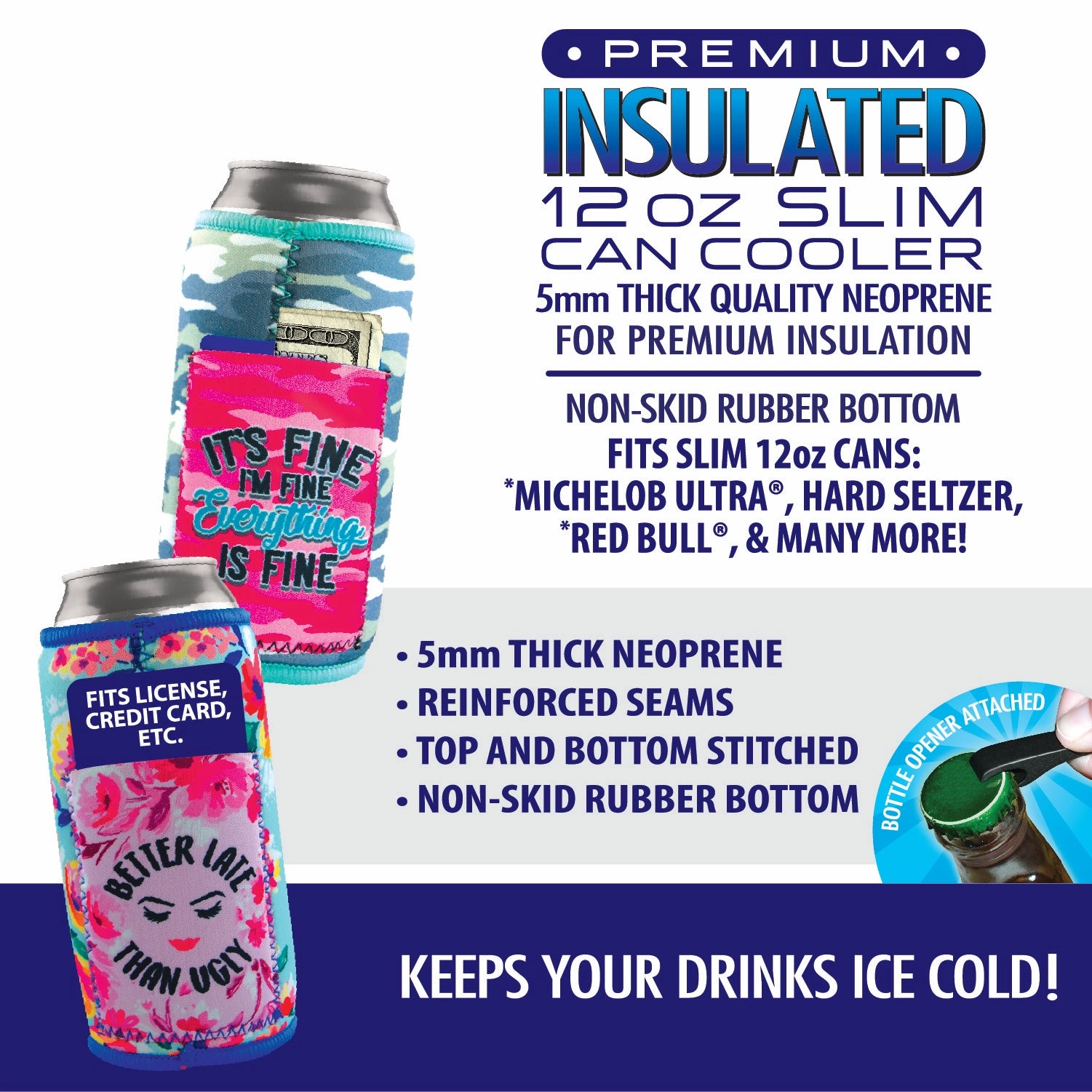 Neoprene Slim Can Cooler with Card Pocket - 6 Pieces Per Retail Ready Display 22472