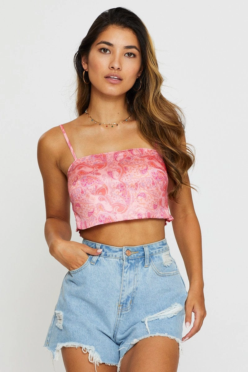 Print Cami Top Crop Satin