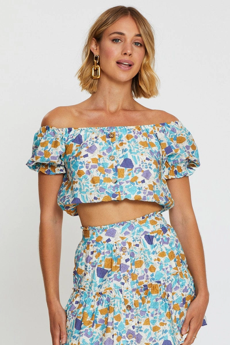 Print Crop Top Off Shoulder