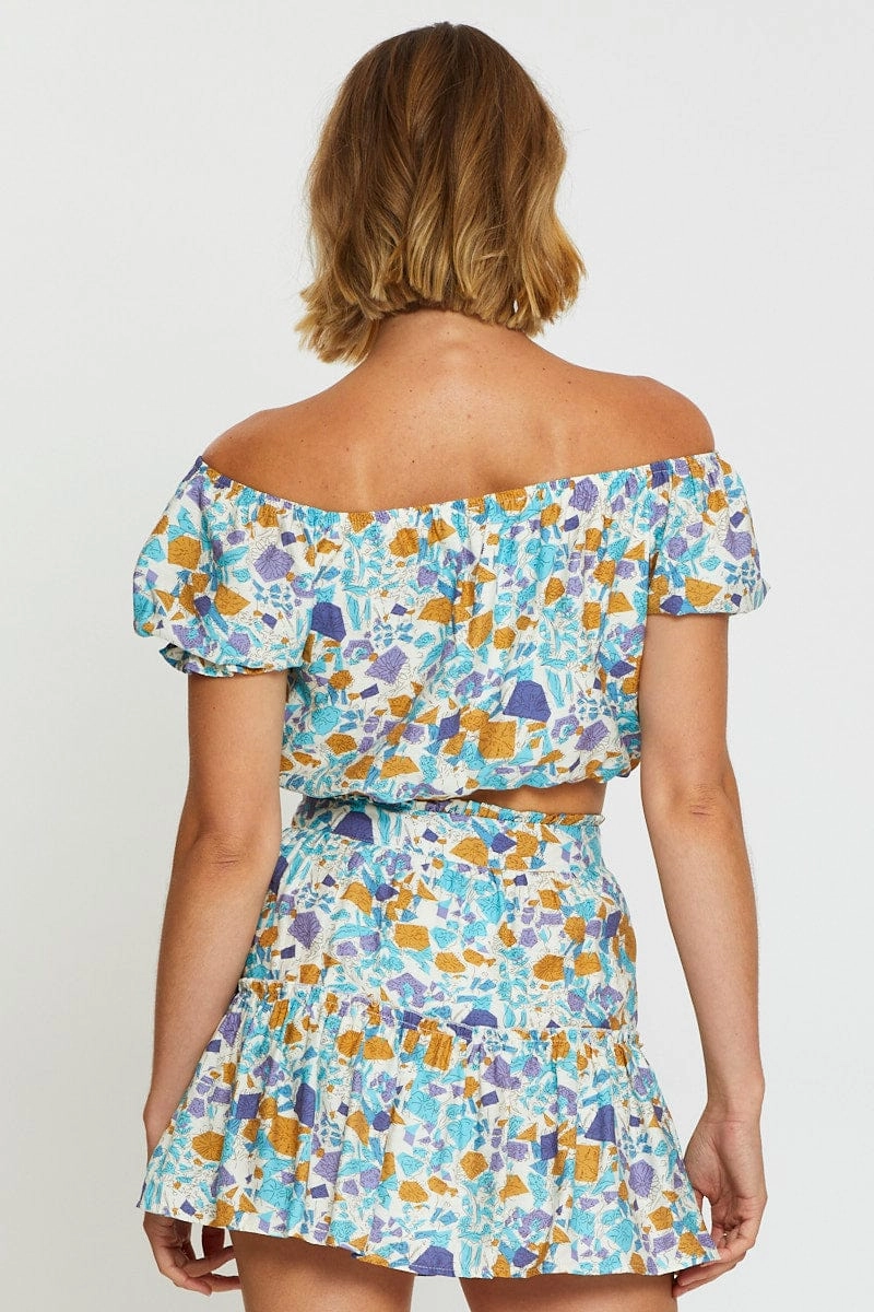 Print Crop Top Off Shoulder