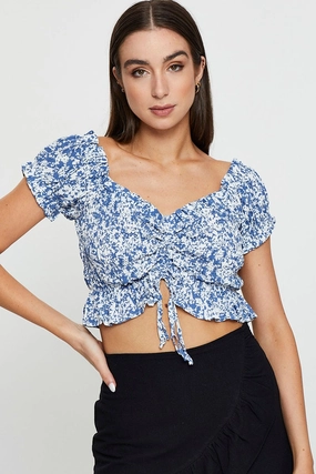 Print Crop Top Short Sleeve Tie Up