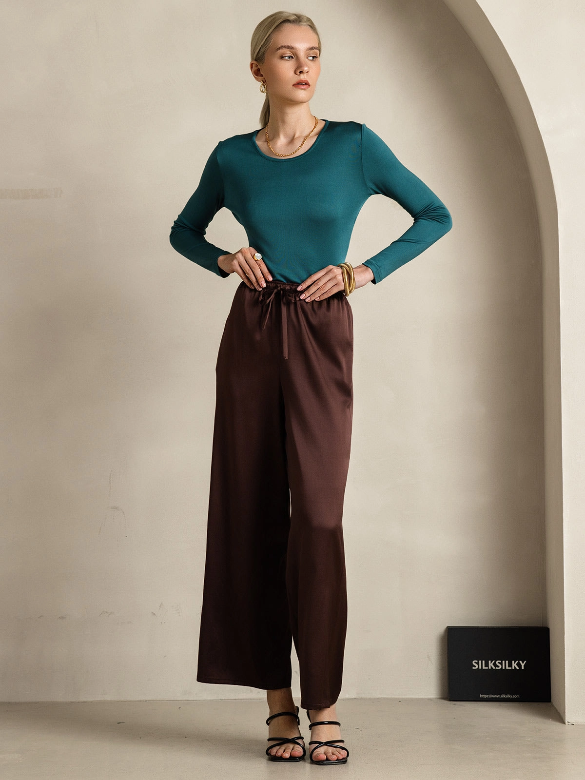 Pure Silk Relaxed Pants with Elastic Waist