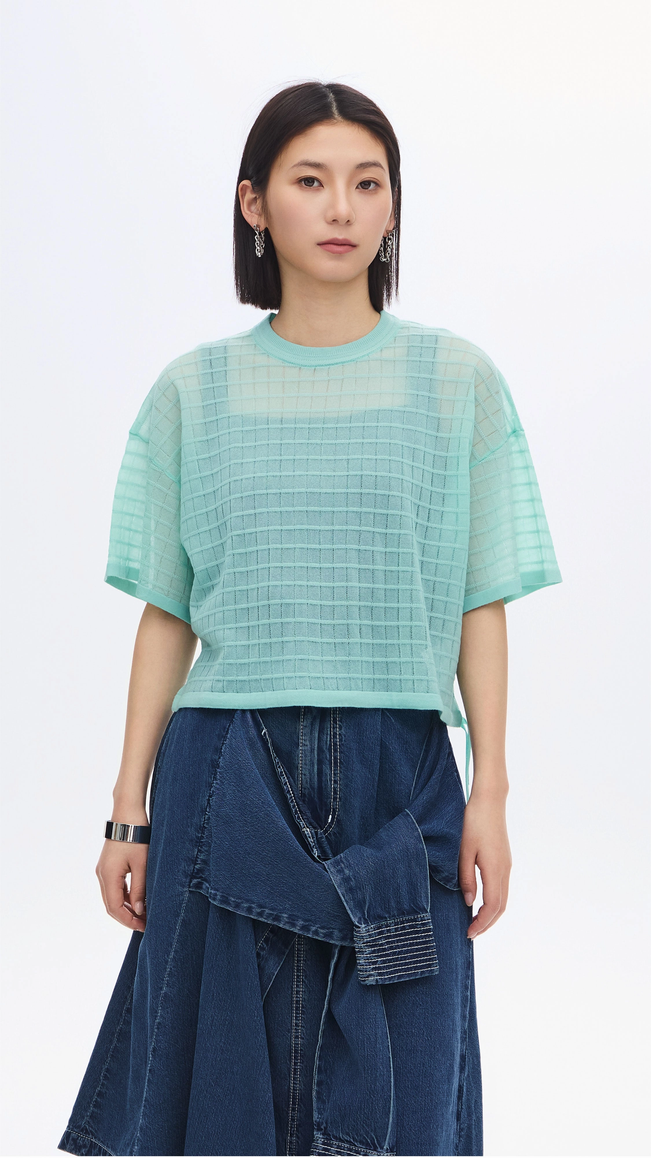 See-through Checker Knit Top