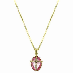 Symbols Of Faith Light Pink Oval Stone Cross Pendant Necklace 16"   3" Extender