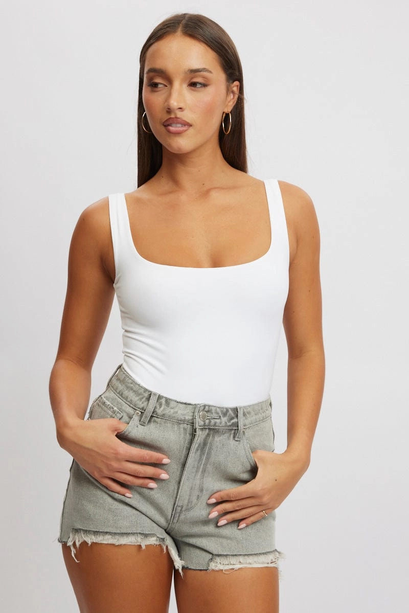White Square Neck Bodysuit Supersoft
